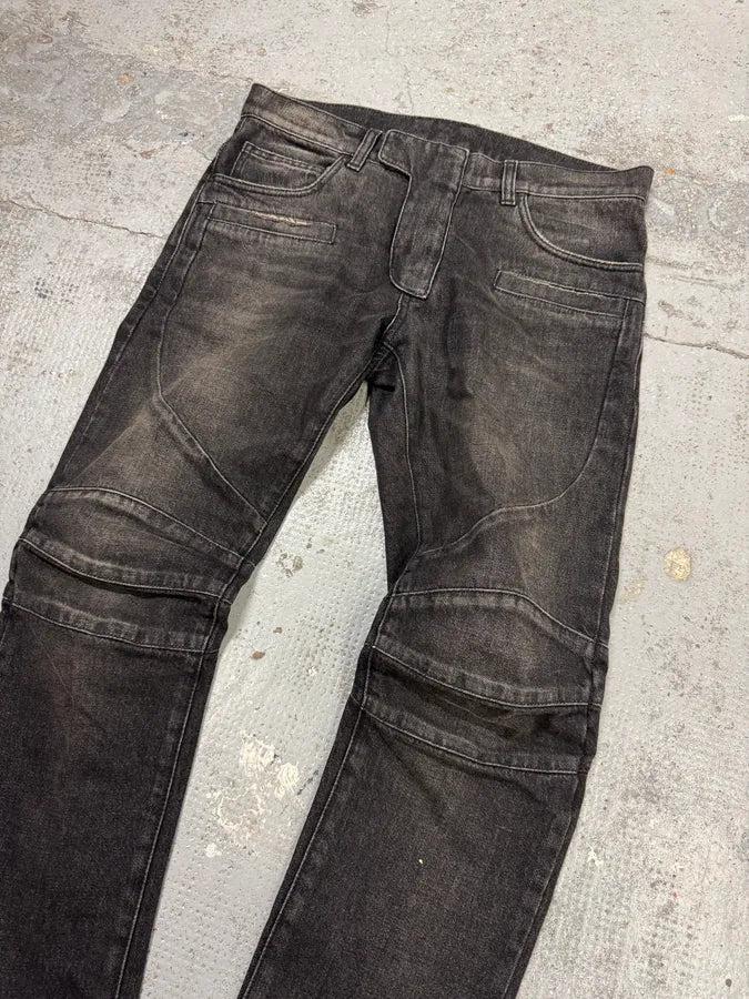 AW2016 Balmain Dark Grey Avant-Garde Biker Denim Jeans UNWWIGO 4