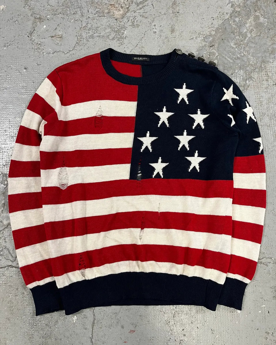 AW2016 Balmain Distressed American Flag Wool Sweater (M/L) 0