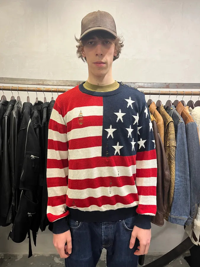 AW2016 Balmain Distressed American Flag Wool Sweater (M/L) 1