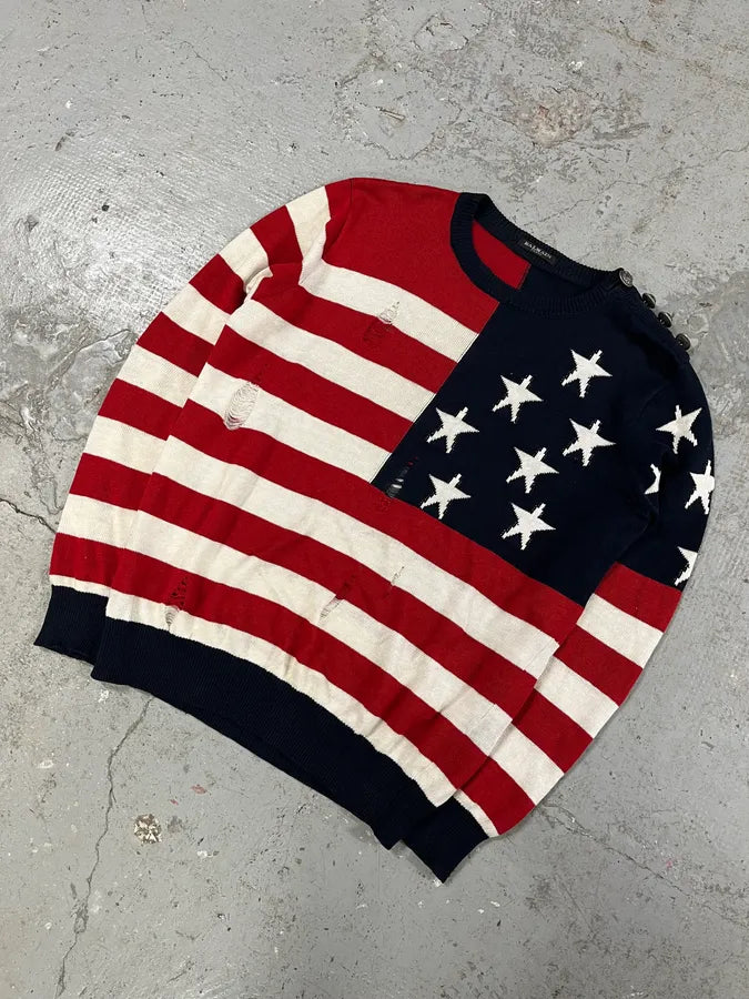 AW2016 Balmain Distressed American Flag Wool Sweater (M/L) 5