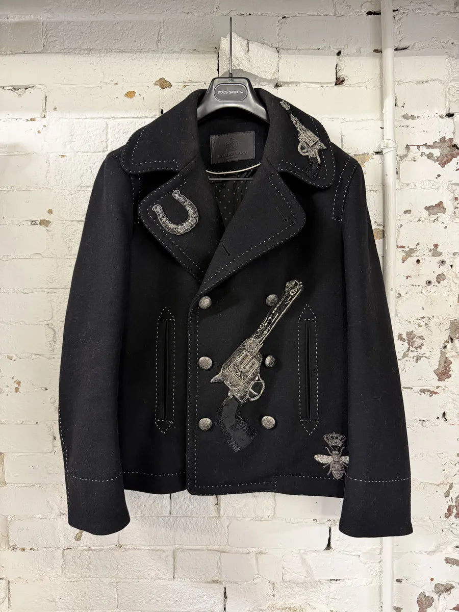 AW2016 Dolce & Gabbana Black Wool Gun-Embroidered Coat iwvvURk 0