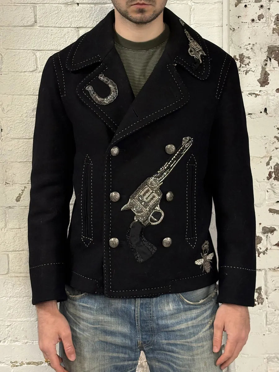 AW2016 Dolce & Gabbana Black Wool Gun-Embroidered Coat iwvvURk 3