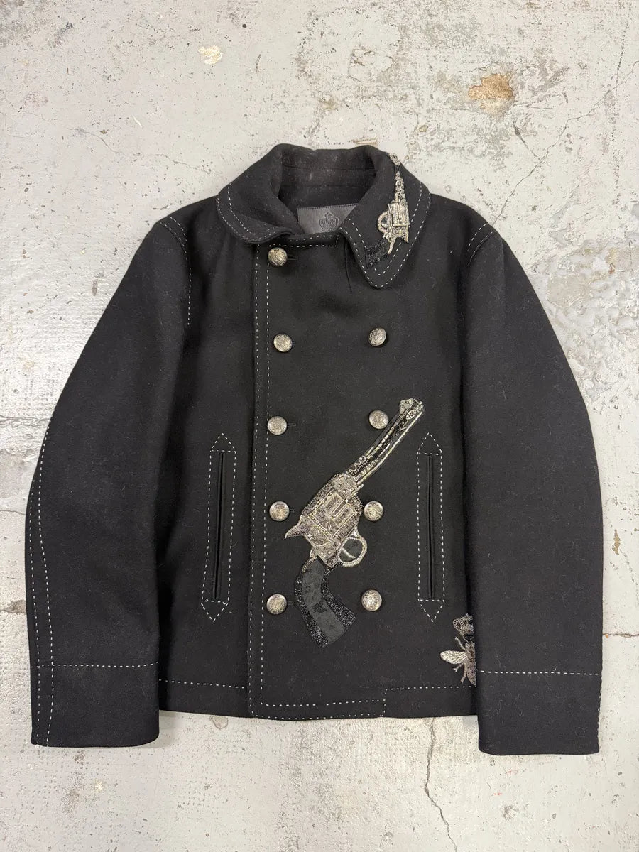AW2016 Dolce & Gabbana Black Wool Gun-Embroidered Coat iwvvURk 8
