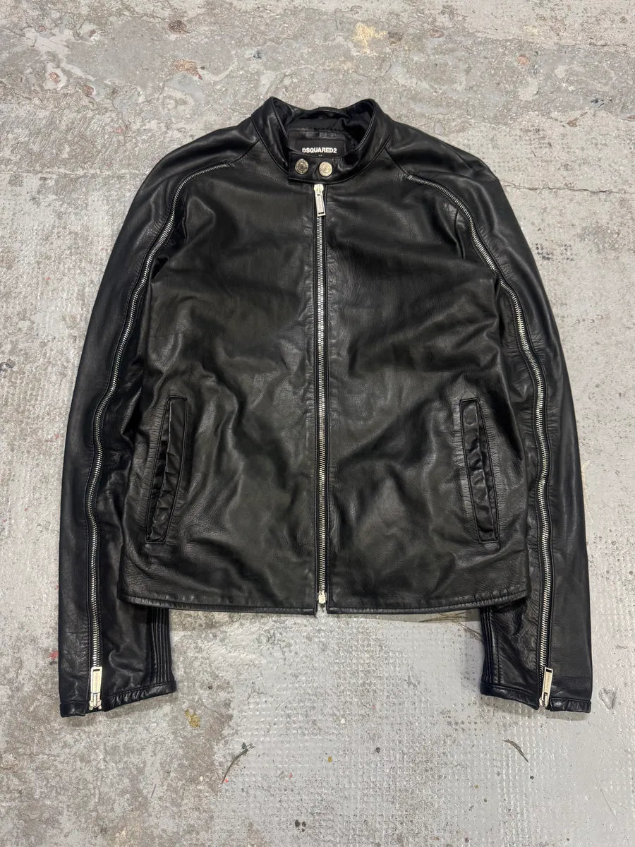 AW2016 Dsquared2 Black Leather Arm Zips Biker Jacket xHznHmJ 0