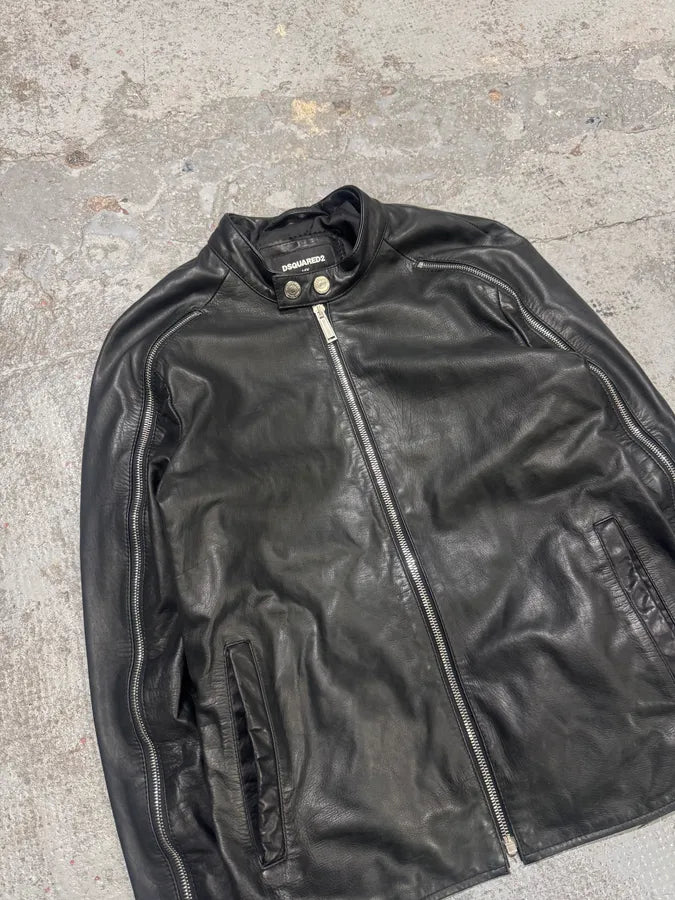 AW2016 Dsquared2 Black Leather Arm Zips Biker Jacket xHznHmJ 3