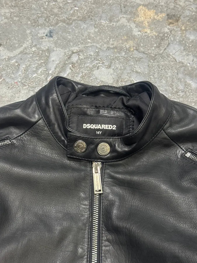 AW2016 Dsquared2 Black Leather Arm Zips Biker Jacket xHznHmJ 6