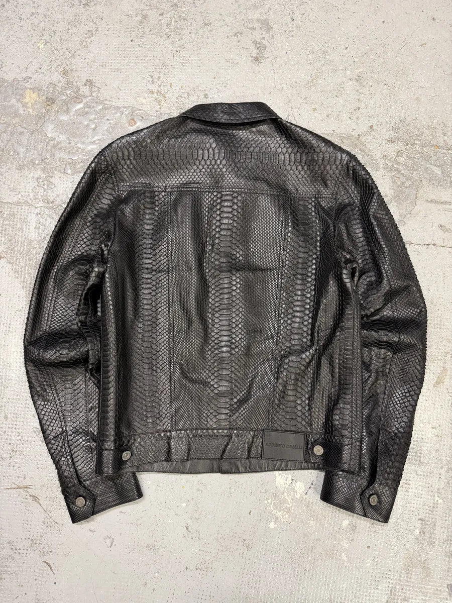 AW2016 Roberto Cavalli Black Python Leather Trucker Jacket LkLVlaw 1