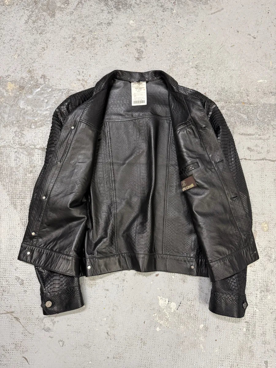 AW2016 Roberto Cavalli Black Python Leather Trucker Jacket LkLVlaw 7