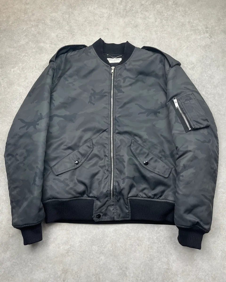 AW2016 Saint Laurent Dark Grey Camouflage Nylon Bomber Jacket lbMMWVx 0
