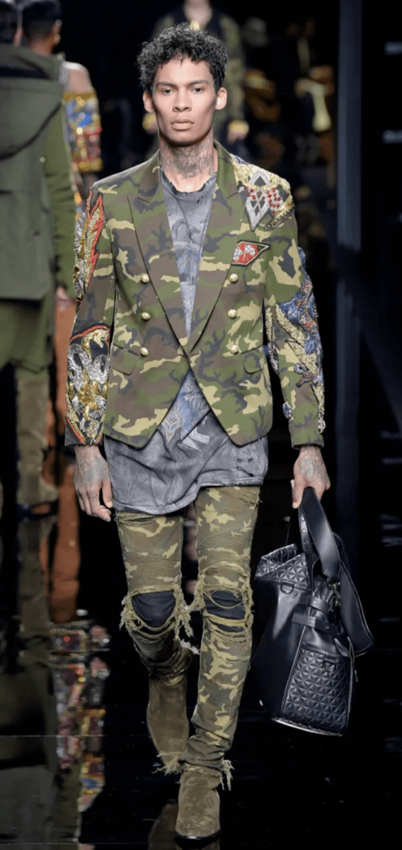 AW2017 Balmain Navy Blue Camo Distressed Skinny Biker Jeans CejMokN 4