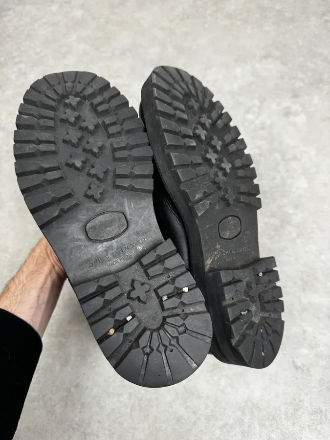 AW2017 Dries Van Noten Side Zip Black Combat Leather Boots kgvqMlj 4