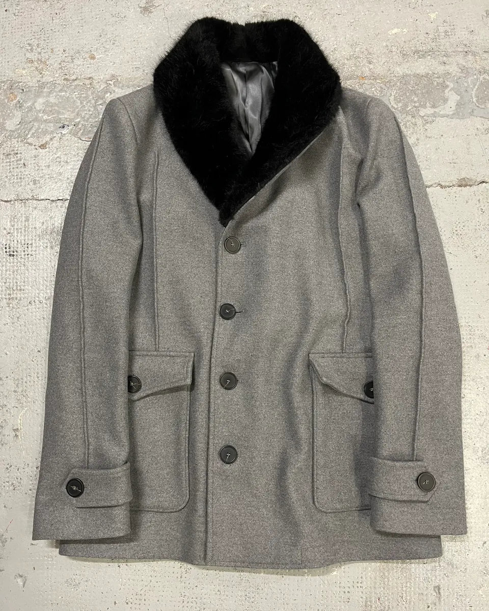 AW2017 Emporio Armani Faux Fur Collar Grey Wool Coat pLRdNwS 2