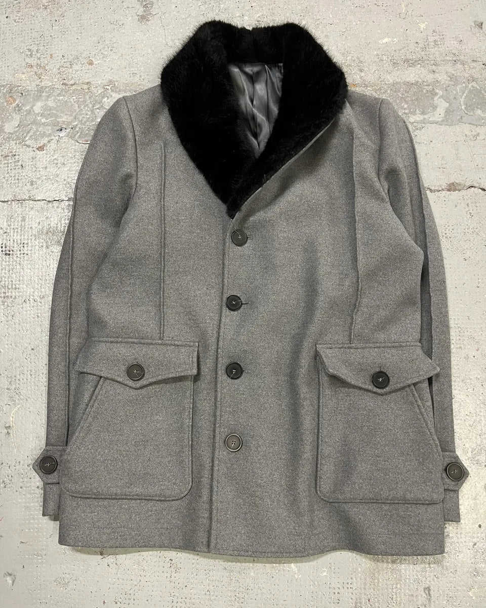 AW2017 Emporio Armani Faux Fur Collar Grey Wool Coat pLRdNwS 3
