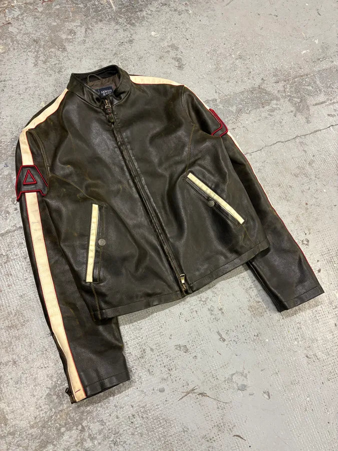 2000s Armani Brown AJ Biker Leather Jacket nHTCpur 1