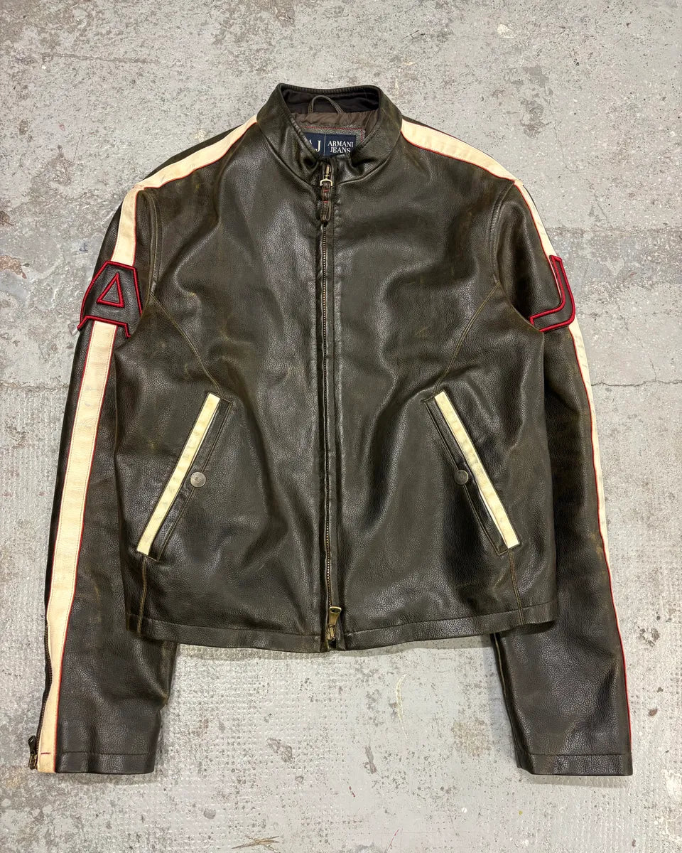 2000s Armani Brown AJ Biker Leather Jacket nHTCpur 0