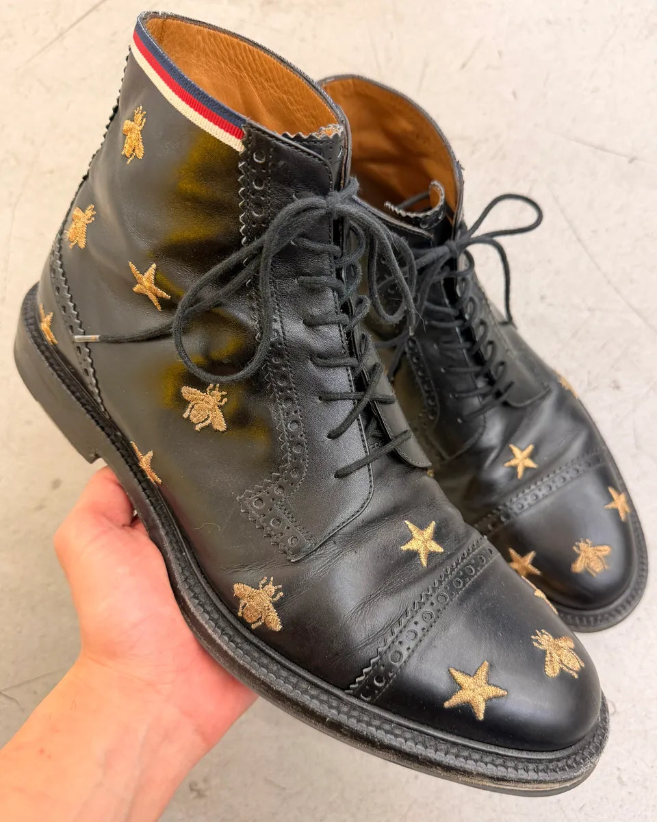 AW2017 Gucci Black Leather Bee  Star Embroidered Boots by Alessandro Michele kVqRdIP 0