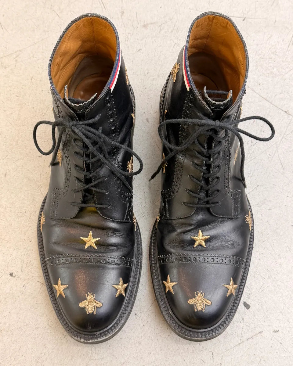 AW2017 Gucci Black Leather Bee  Star Embroidered Boots by Alessandro Michele kVqRdIP 1