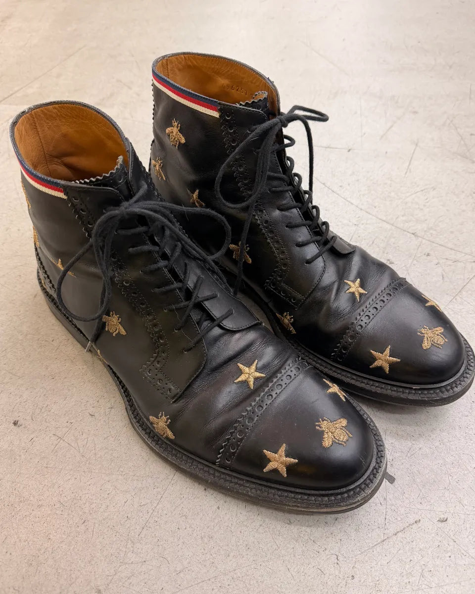 AW2017 Gucci Black Leather Bee  Star Embroidered Boots by Alessandro Michele kVqRdIP 2