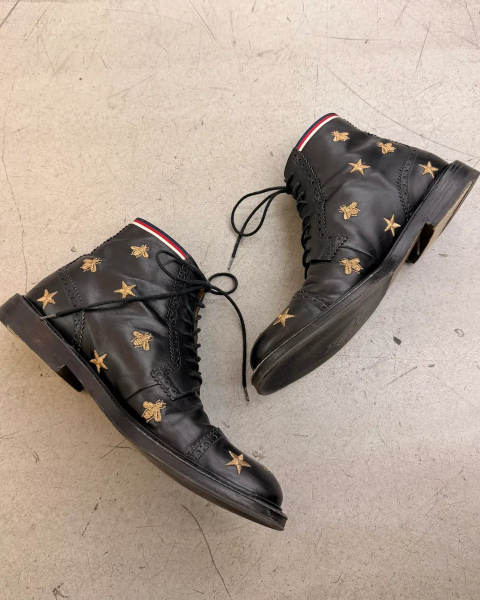 AW2017 Gucci Black Leather Bee  Star Embroidered Boots by Alessandro Michele kVqRdIP 3