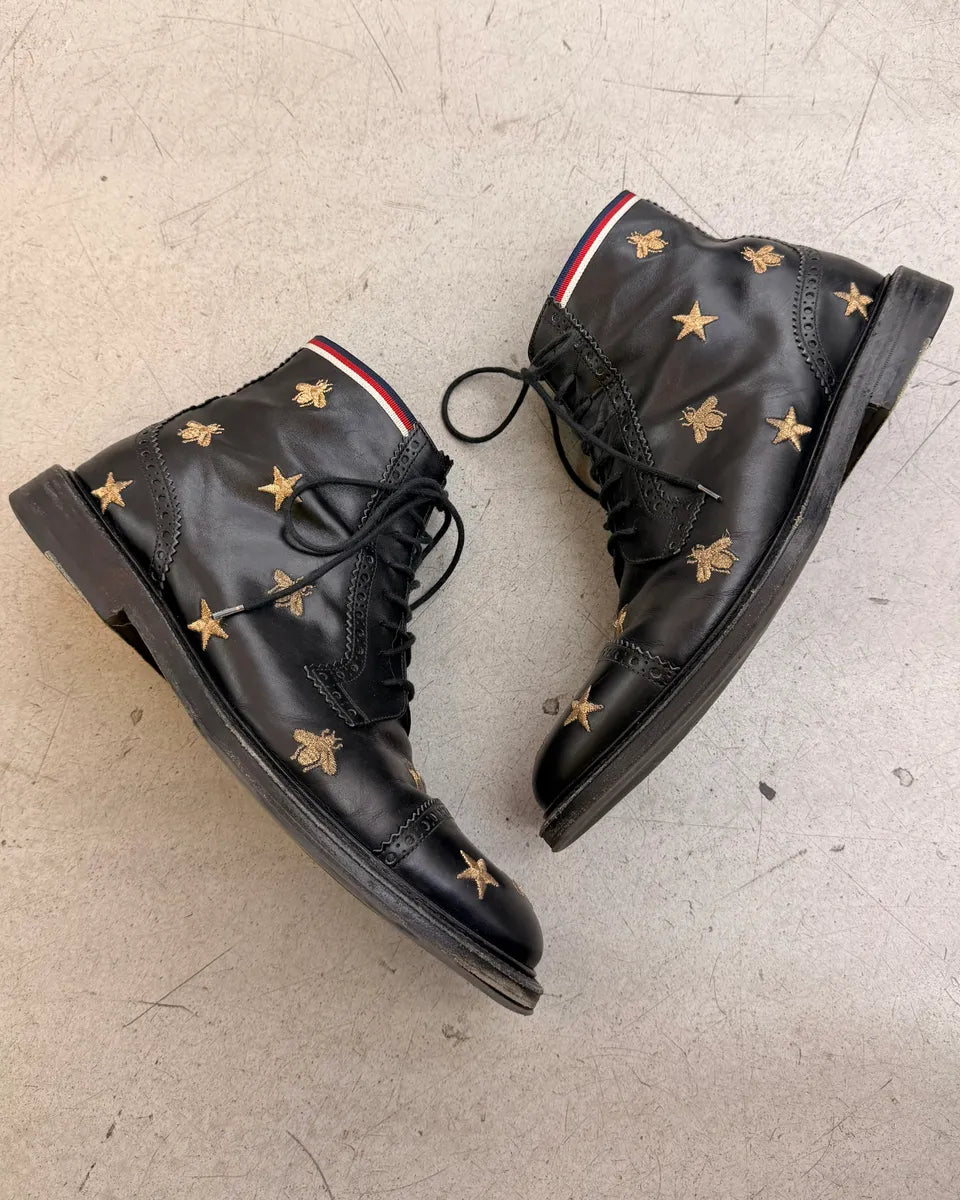 AW2017 Gucci Black Leather Bee  Star Embroidered Boots by Alessandro Michele kVqRdIP 4