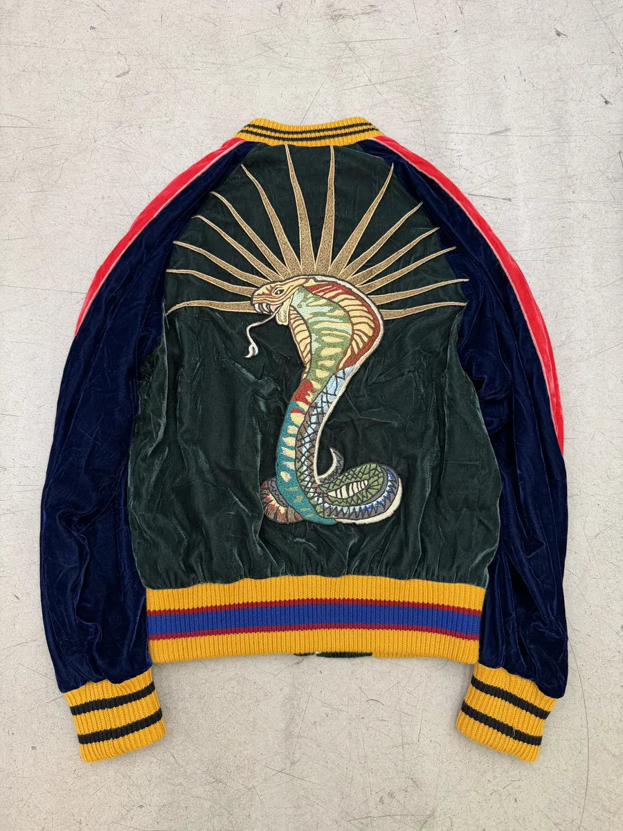 AW2017 Gucci Navy Velvet Embroidered Cobra Floral Bomber Jacket REJABPb 0