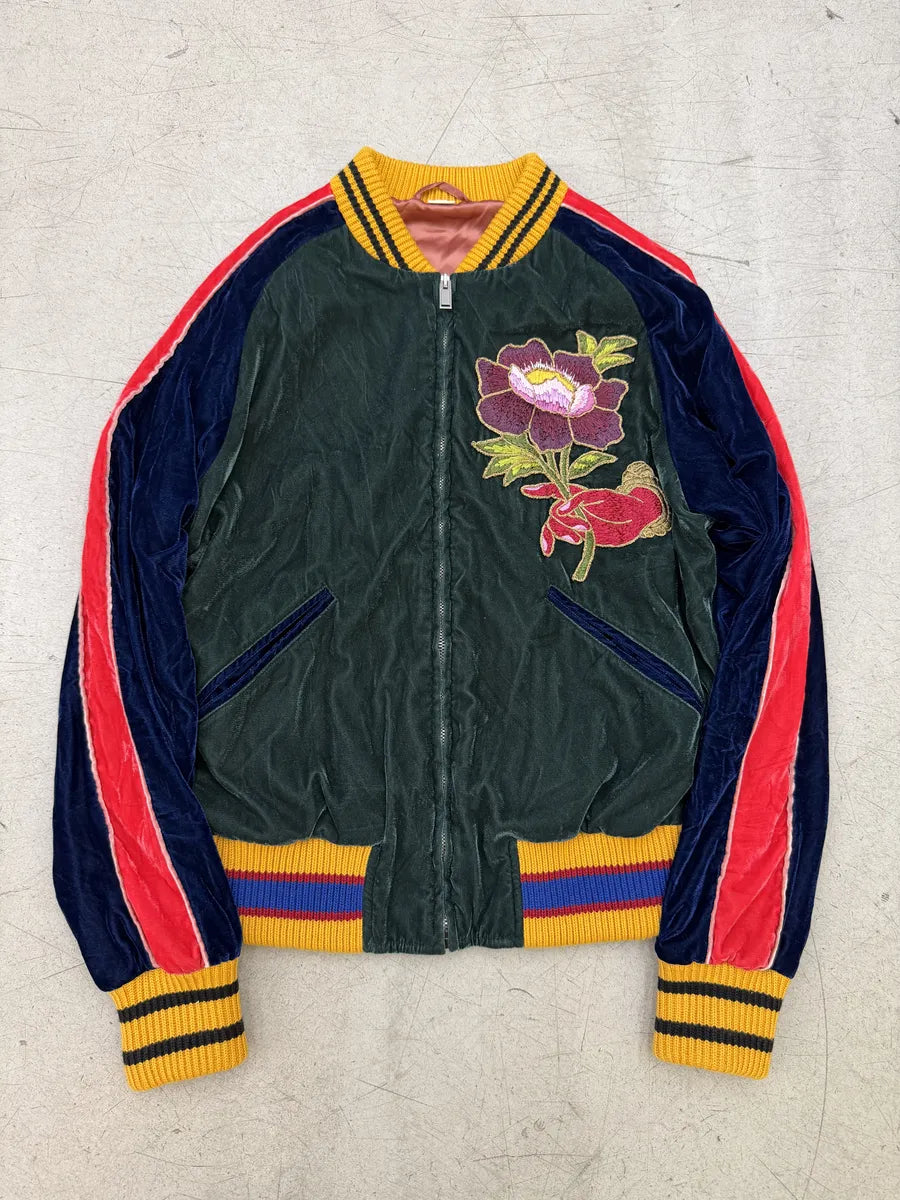 AW2017 Gucci Navy Velvet Embroidered Cobra Floral Bomber Jacket REJABPb 1