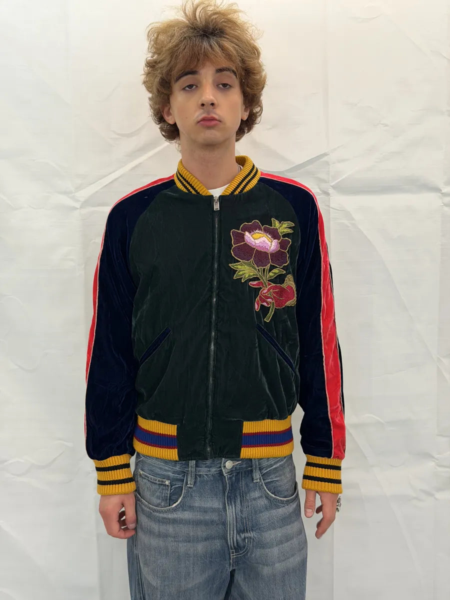 AW2017 Gucci Navy Velvet Embroidered Cobra Floral Bomber Jacket REJABPb 2