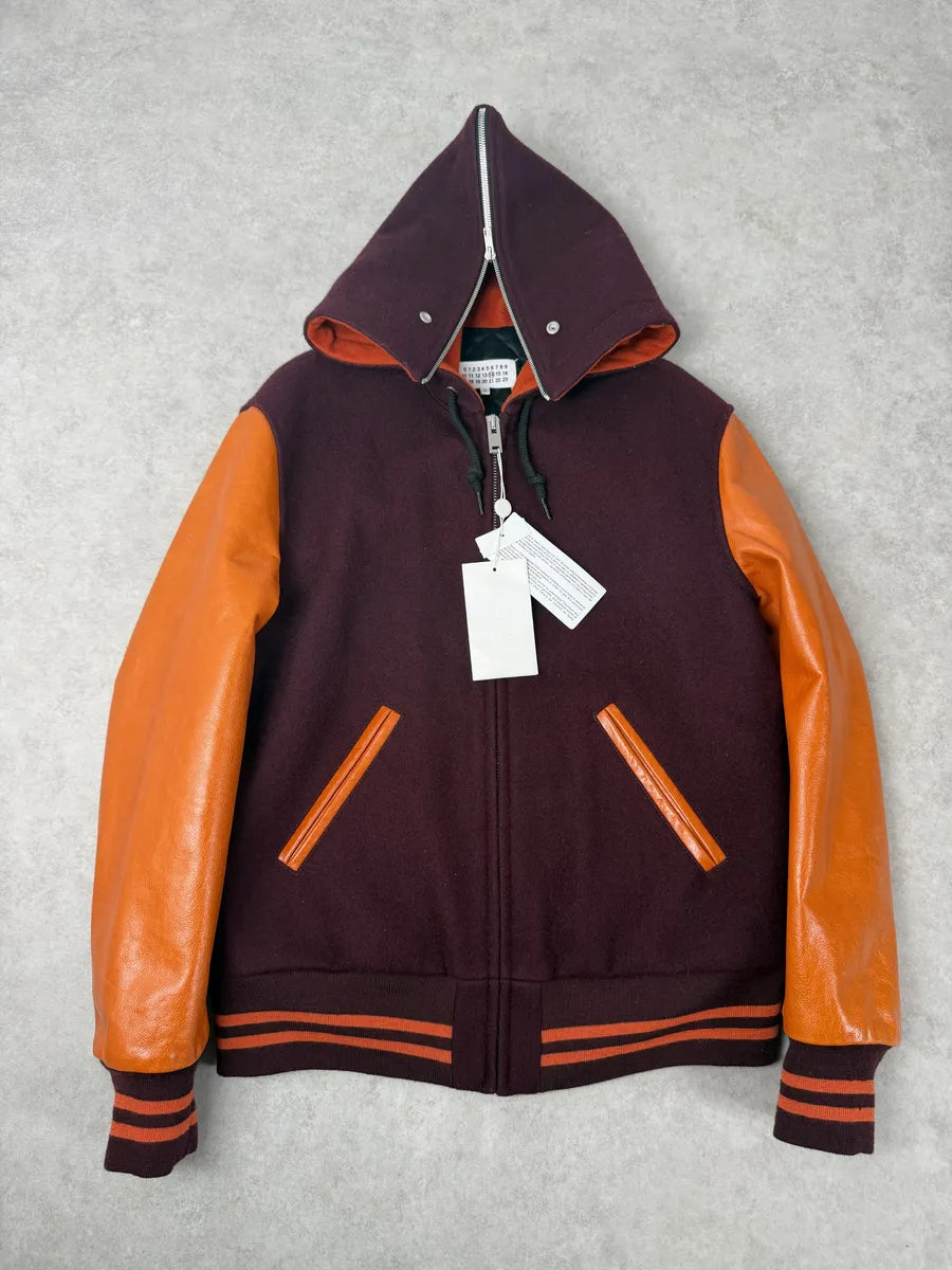 AW2017 Maison Margiela Bordeaux Wool & Orange Leather Aviator Bomber Jacket lDPCNQX 0