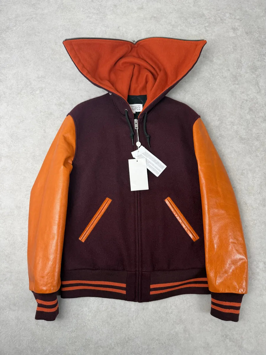 AW2017 Maison Margiela Bordeaux Wool & Orange Leather Aviator Bomber Jacket lDPCNQX 2