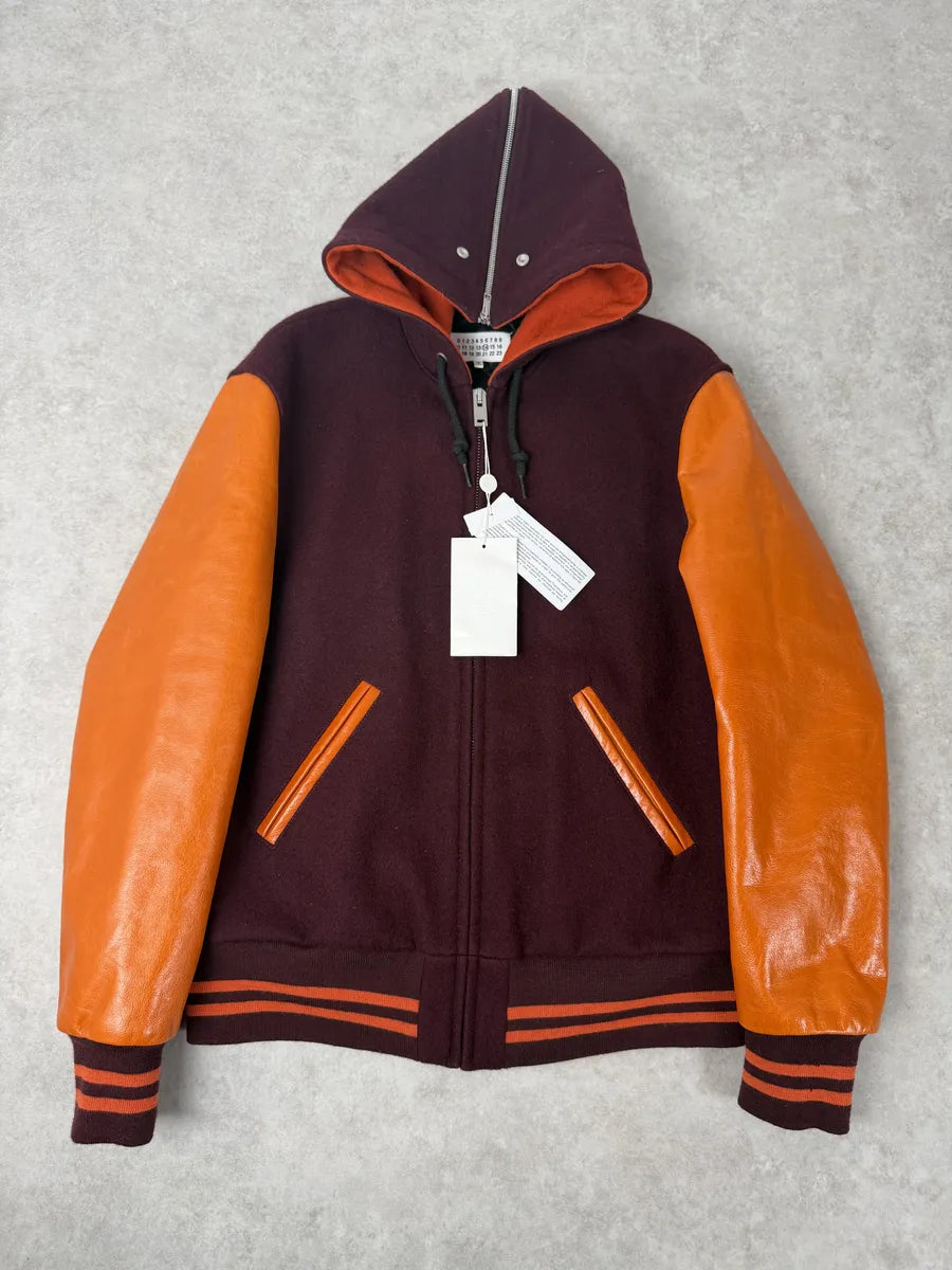 AW2017 Maison Margiela Bordeaux Wool & Orange Leather Aviator Bomber Jacket lDPCNQX 5