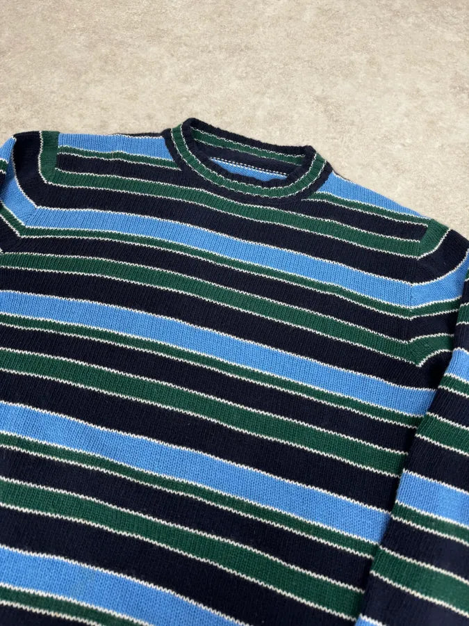 AW2017 Prada Black Green & Blue Wool Striped Sweater fwelCIv 4