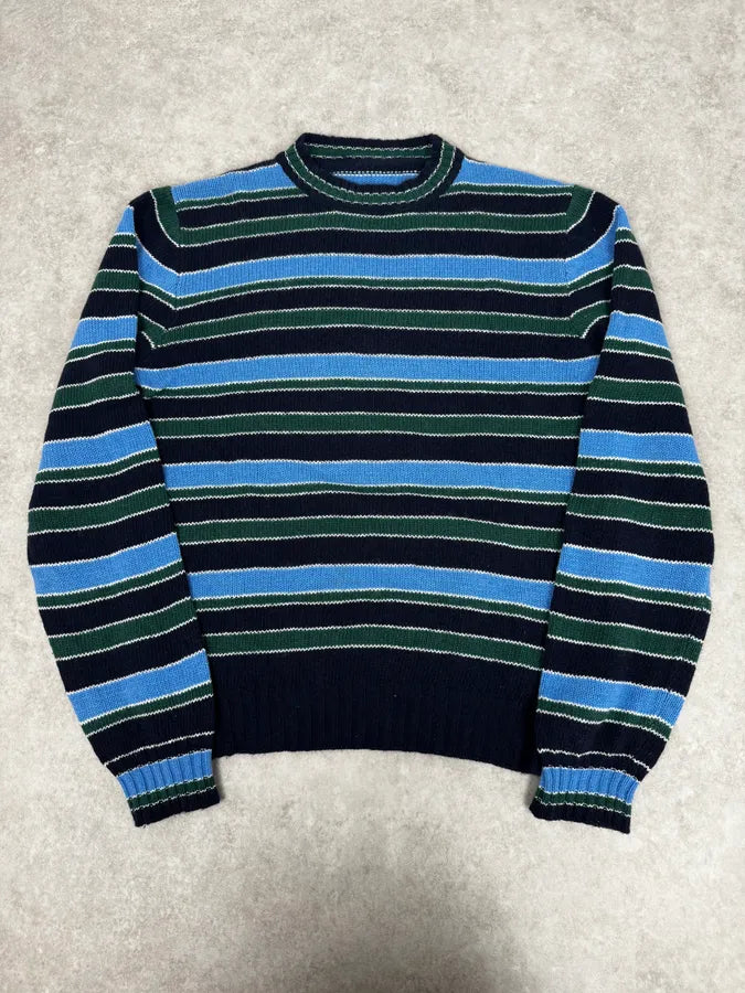 AW2017 Prada Black Green & Blue Wool Striped Sweater fwelCIv 0