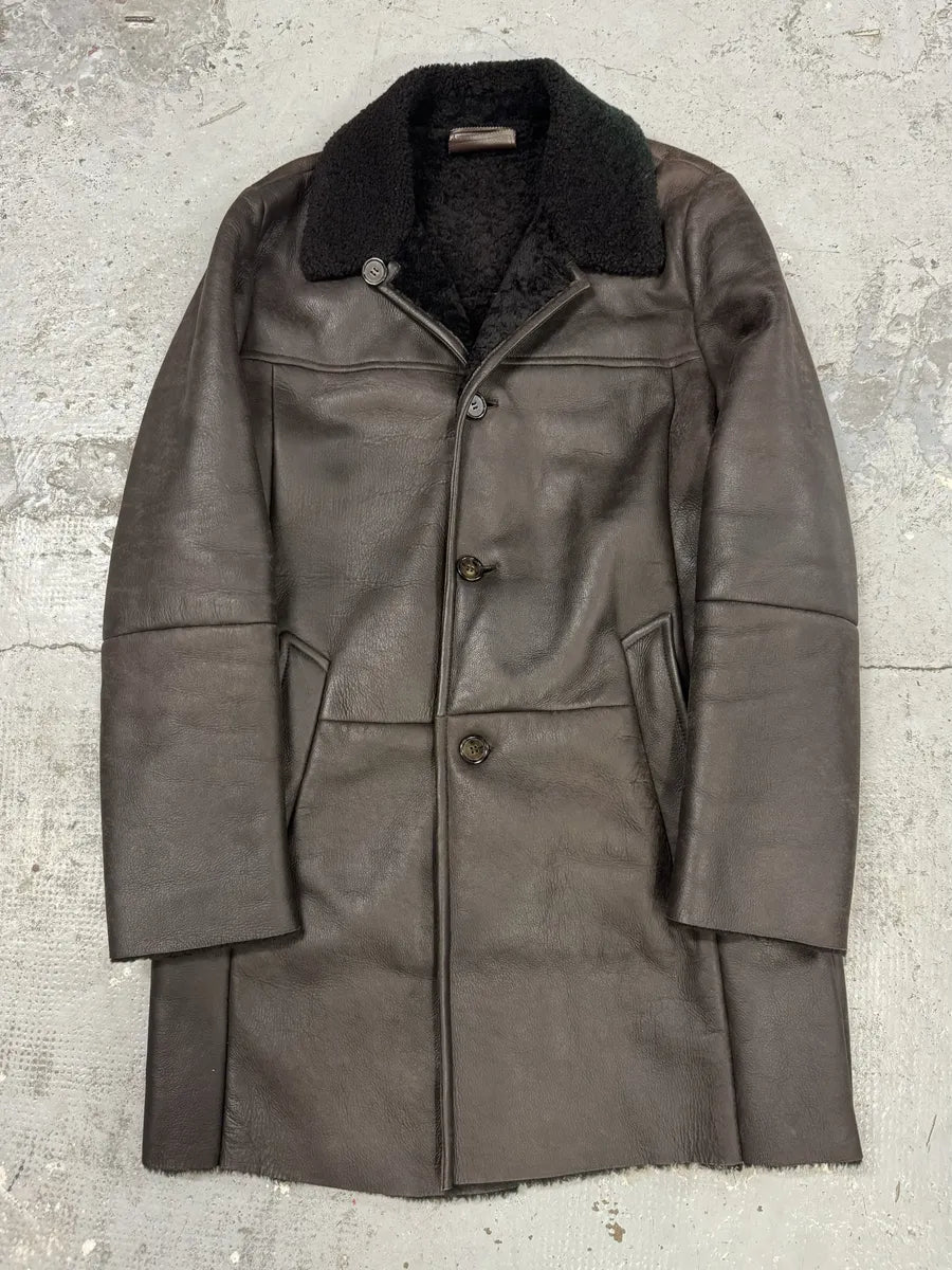 AW2017 Prada Brown Eroded Shearling Long Leather Coat XoTWqeF 0