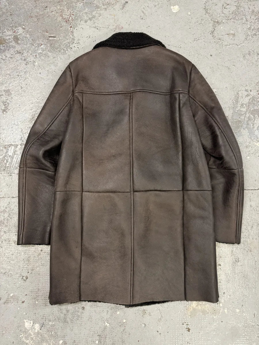 AW2017 Prada Brown Eroded Shearling Long Leather Coat XoTWqeF 1