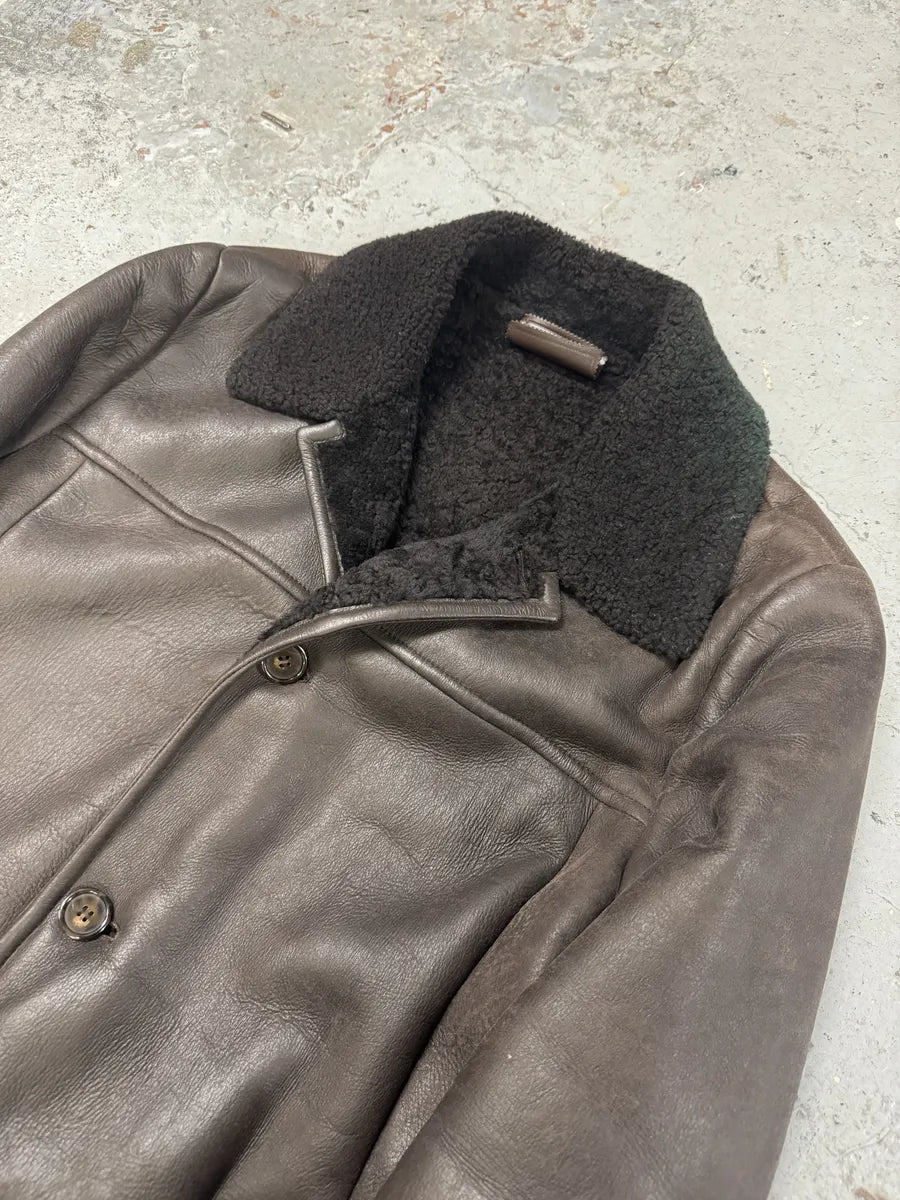 AW2017 Prada Brown Eroded Shearling Long Leather Coat XoTWqeF 2
