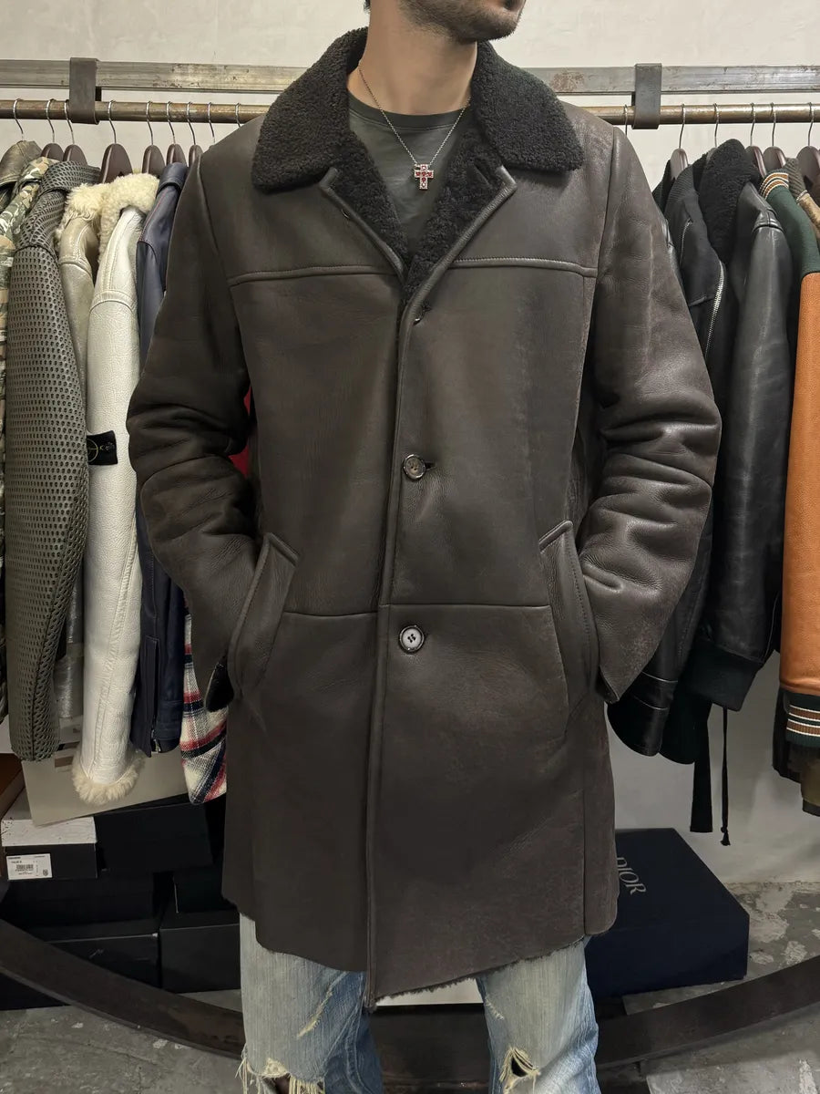 AW2017 Prada Brown Eroded Shearling Long Leather Coat XoTWqeF 3