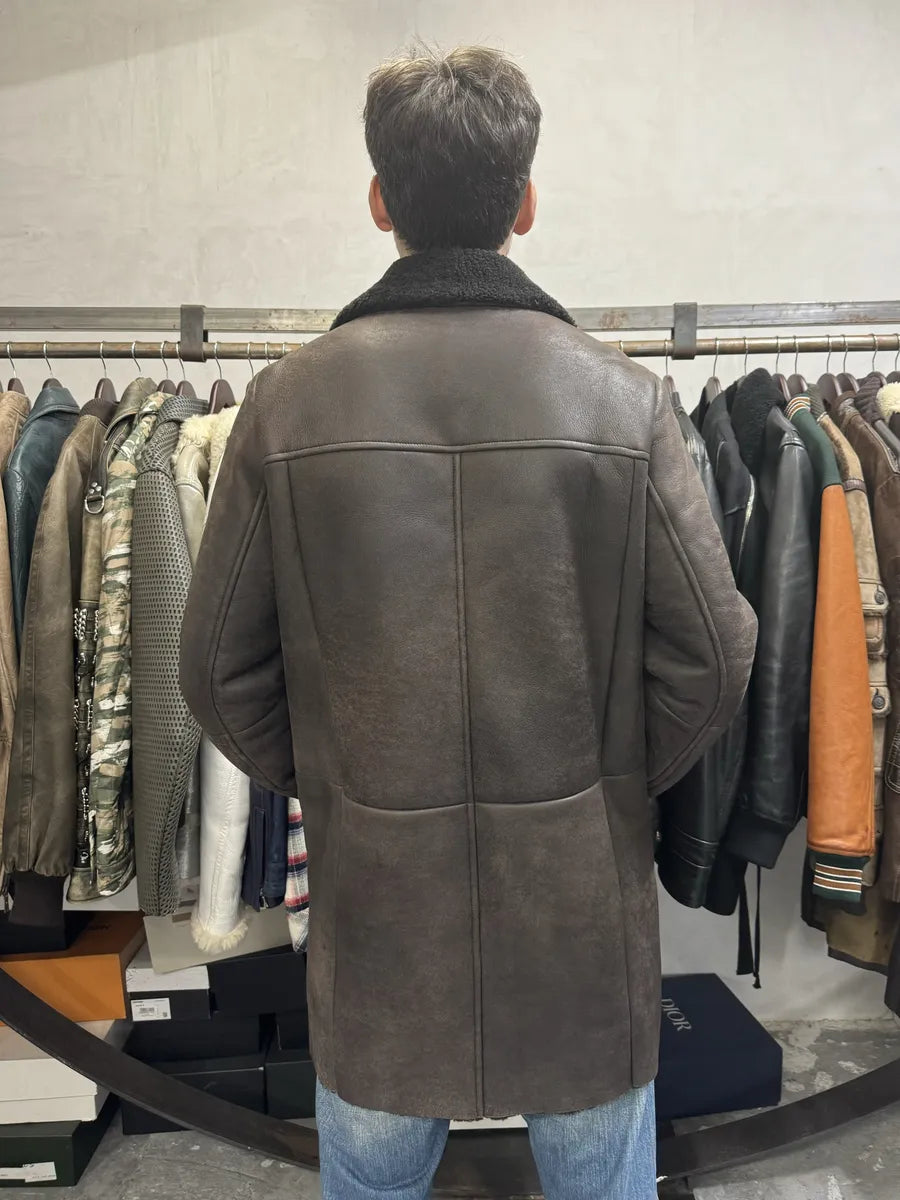 AW2017 Prada Brown Eroded Shearling Long Leather Coat XoTWqeF 4
