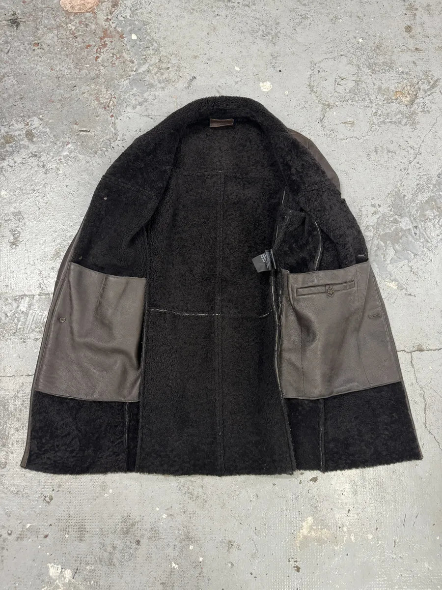 AW2017 Prada Brown Eroded Shearling Long Leather Coat XoTWqeF 5