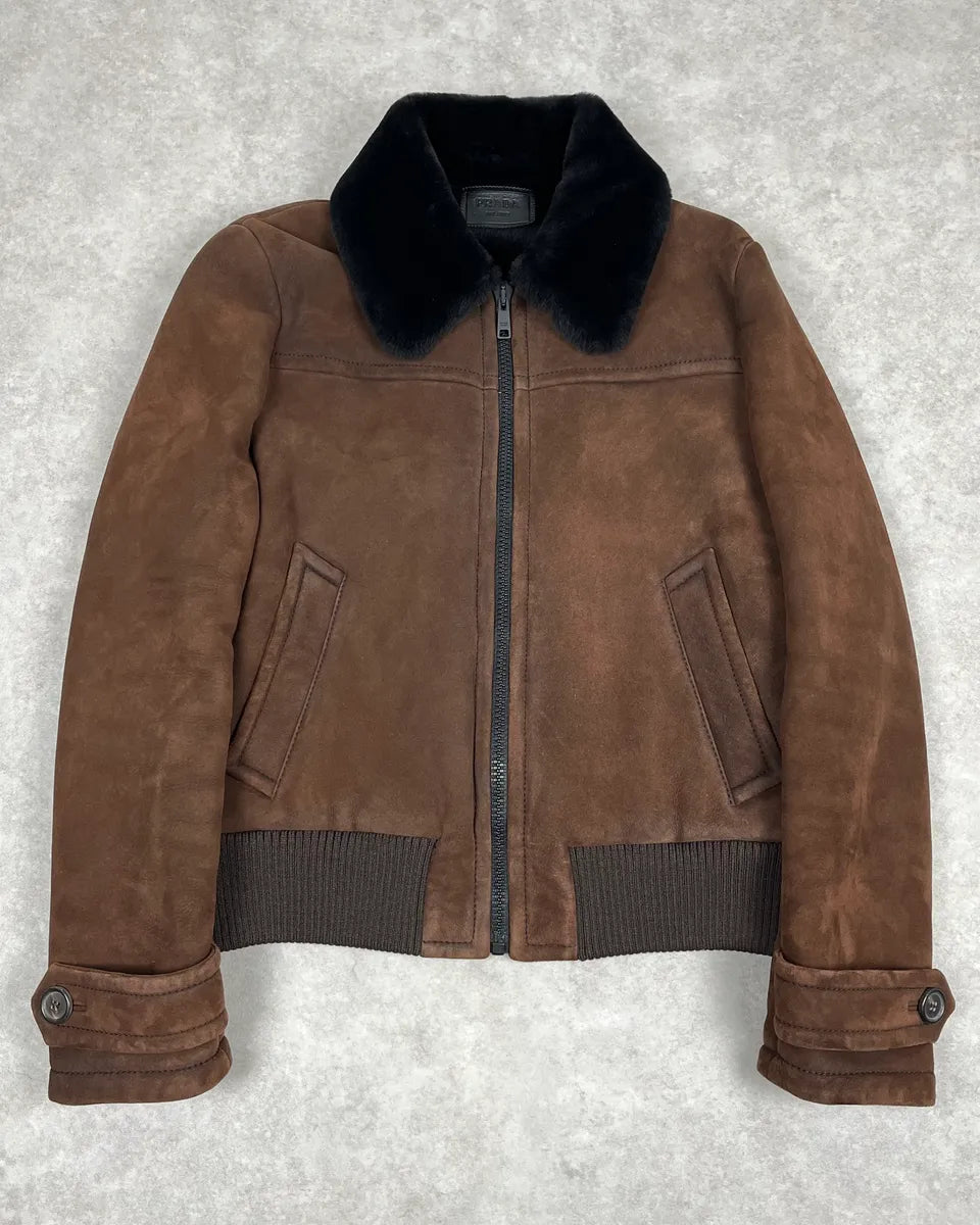 AW2017 Prada Brown Shearling Leather Jacket RyAfHmh 0