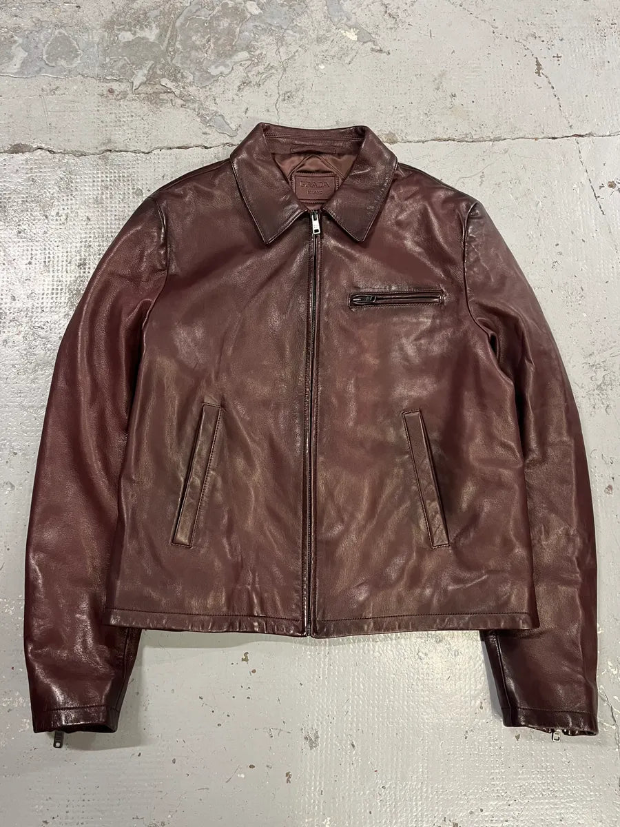 AW2017 Prada Pure Wine Burgundy Leather Jacket yISpAij 0