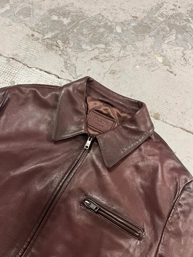 AW2017 Prada Pure Wine Burgundy Leather Jacket yISpAij 3