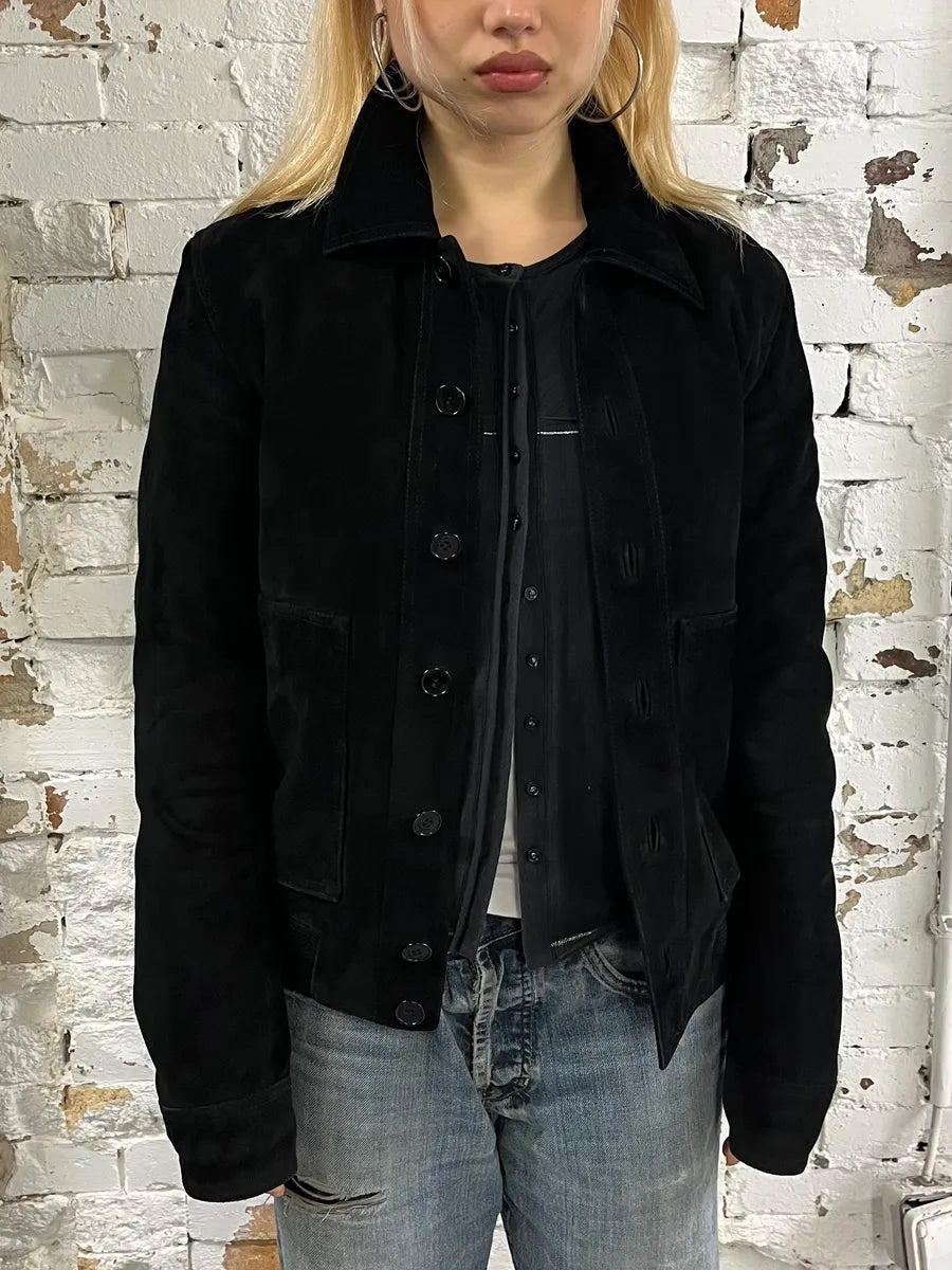 AW2017 Saint Laurent Black Goat Suede Leather Trucker Jacket atyPbvr 1