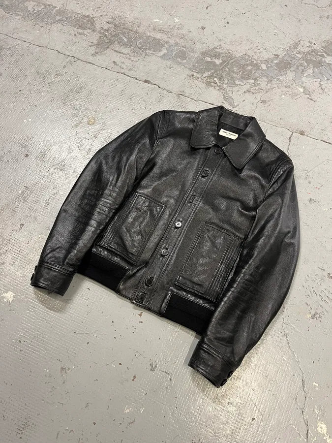 AW2017 Saint Laurent Black Lamb Leather Buttoned Trucker Jacket phLustU 3