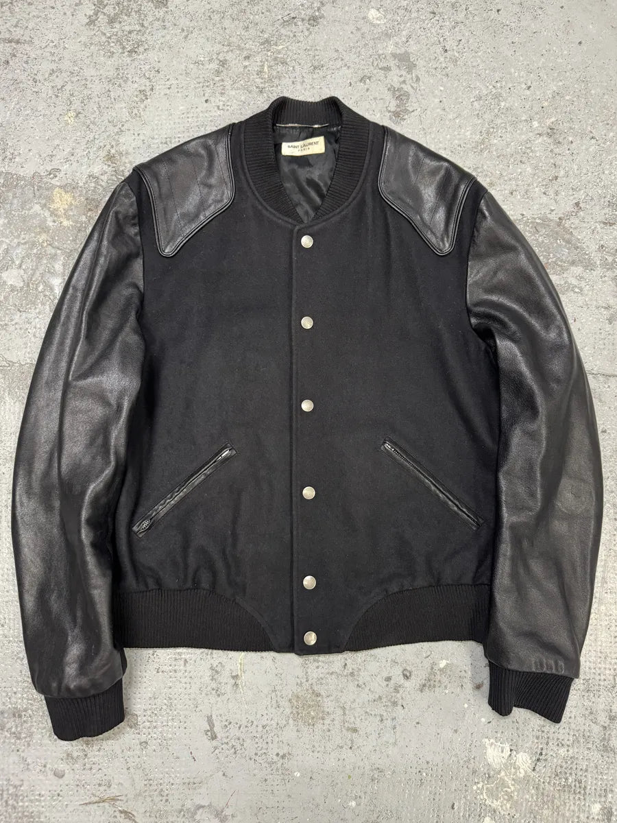 AW2017 Saint Laurent Black Leather Heaven Wool Boober Jacket IDLJCah 0