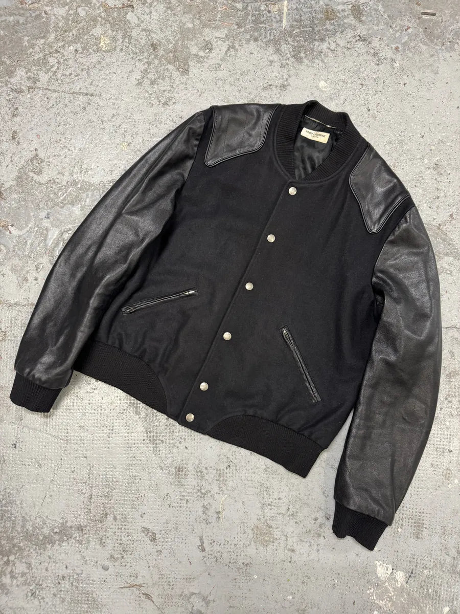 AW2017 Saint Laurent Black Leather Heaven Wool Boober Jacket IDLJCah 4