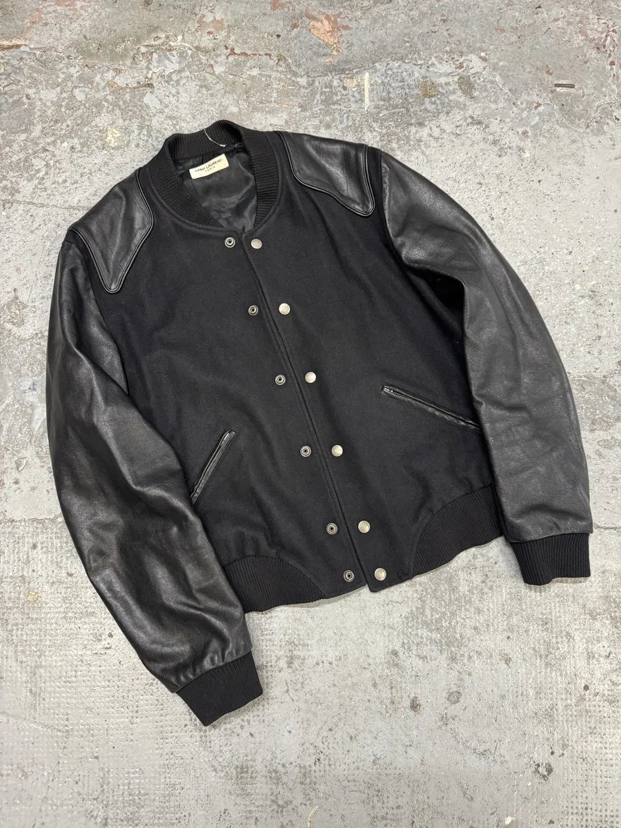 AW2017 Saint Laurent Black Leather Heaven Wool Boober Jacket IDLJCah 5