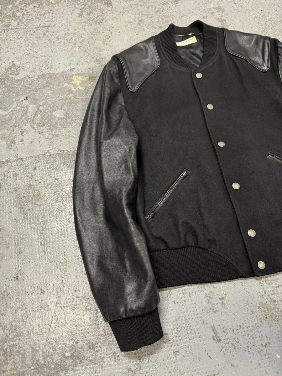 AW2017 Saint Laurent Black Leather Heaven Wool Boober Jacket IDLJCah 7