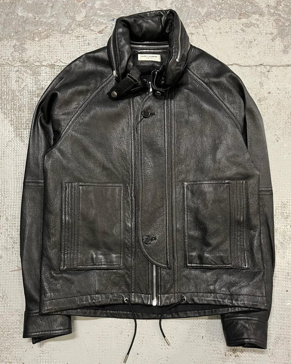 AW2017 Saint Laurent Black Leather Hooded Detachable Collar Jacket wgoTjOw 0