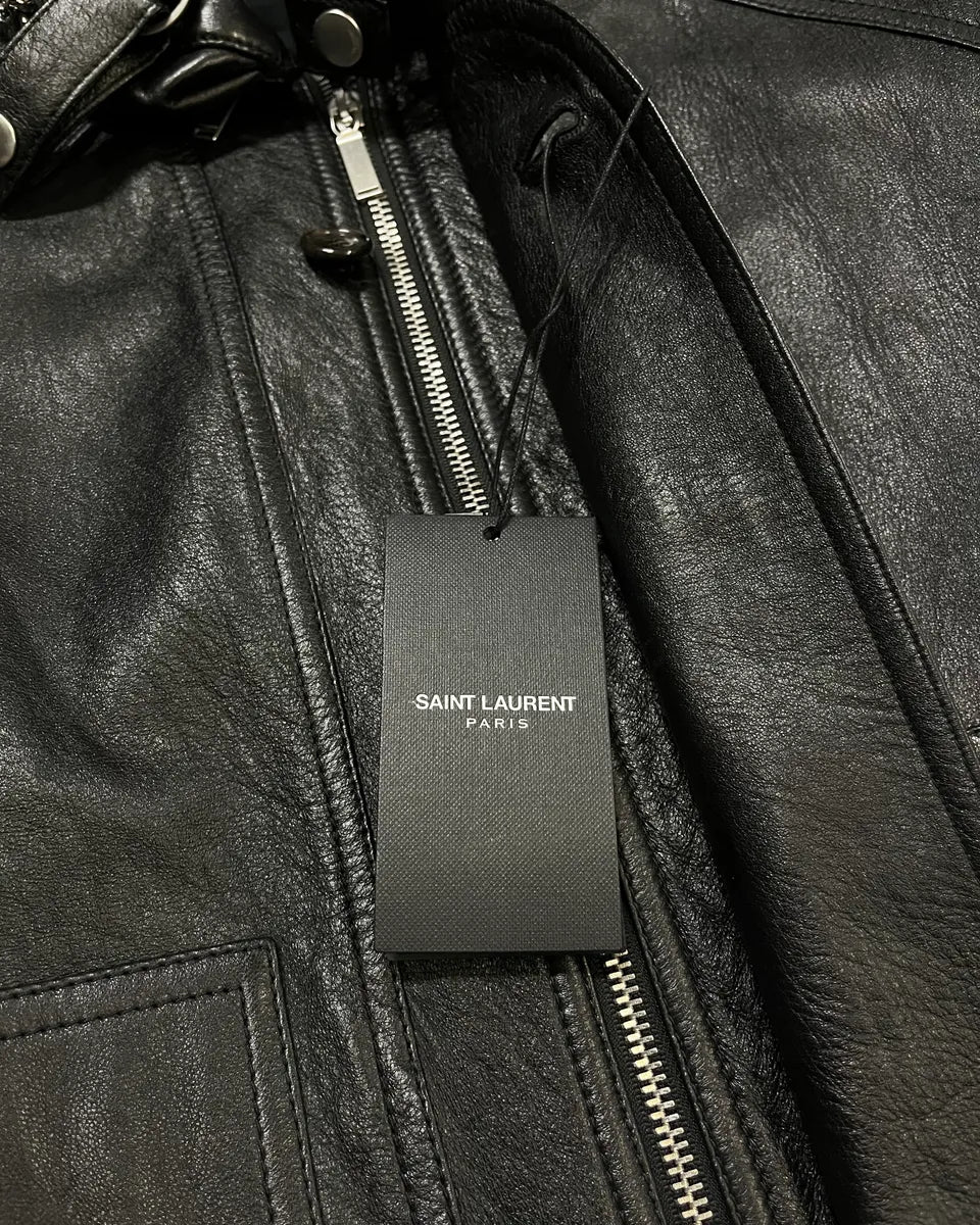 AW2017 Saint Laurent Black Leather Hooded Detachable Collar Jacket wgoTjOw 11