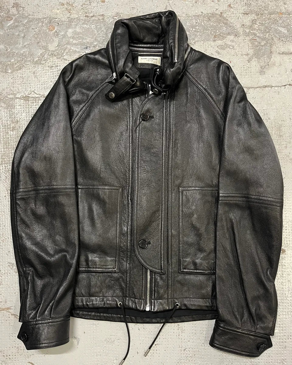 AW2017 Saint Laurent Black Leather Hooded Detachable Collar Jacket wgoTjOw 3